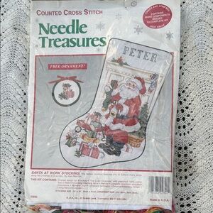 VTG Counted Cross Stitch Santa Christmas Stocking Complete Kit To Personalize